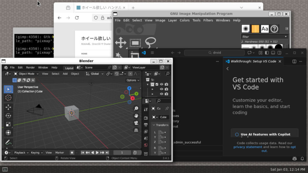 Pixel 9a で firefox, gimp, vscode, blender を起動してみたところ